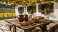 Rustikaler Buschenschank in Südtirol mit Holzbänken, Wein und Speck, Kastanien und Brot im Herbst