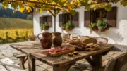 Rustikaler Buschenschank in Südtirol mit Holzbänken, Wein und Speck, Kastanien und Brot im Herbst